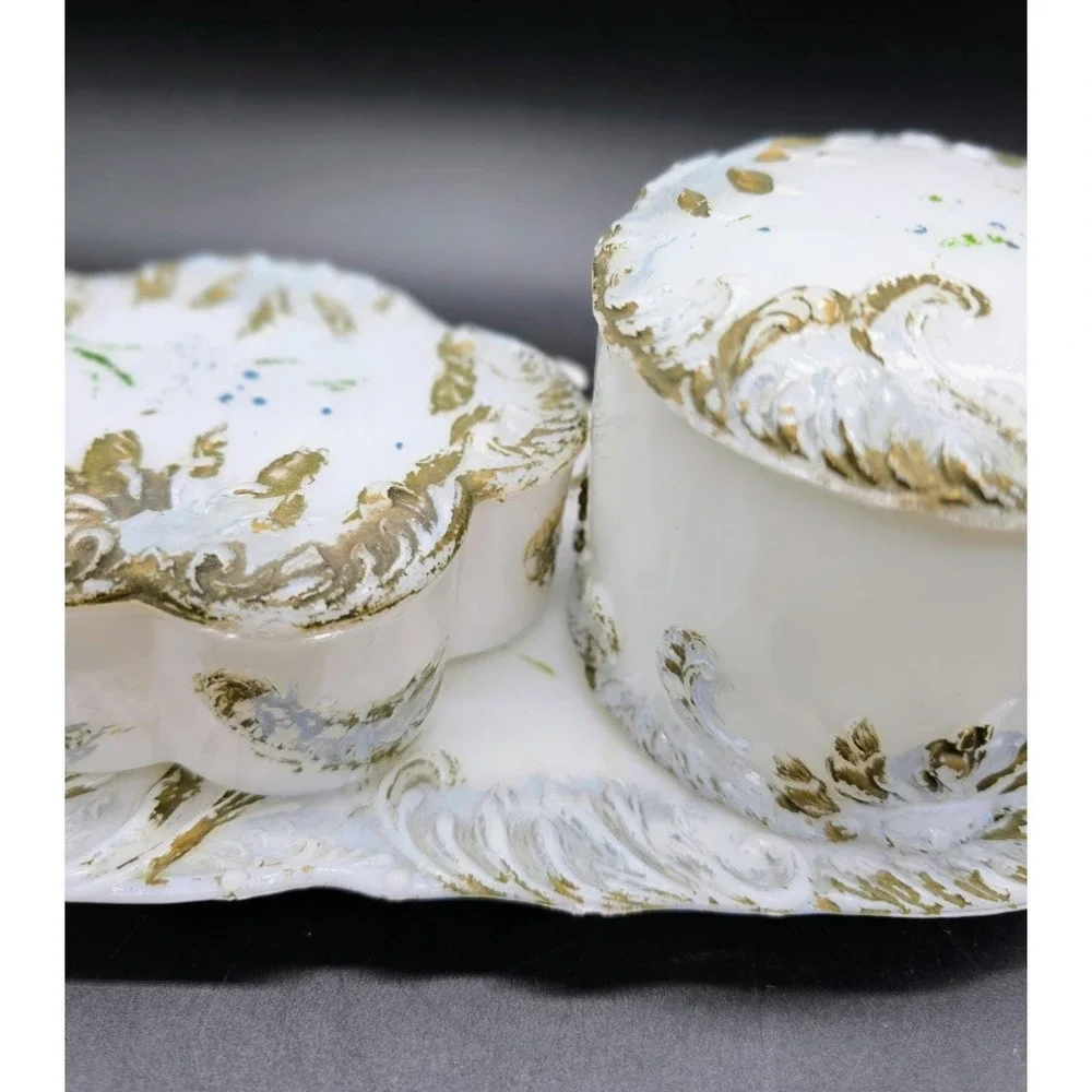 Antique Dithridge EAPG Milk Glass Vanity Set Powder Jar Trinket Box Tray 9
